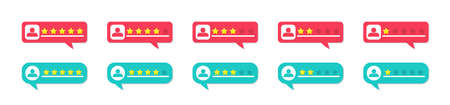 Review, rate and feedback from customers. Bubbles with stars for testimonial. Online rating for client with bad or good comment. Survey of level of satisfaction. Experience of user of hotel. Vector.のイラスト素材