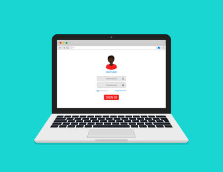 Account with login and password. Username with avatar in laptop. Registration of account in computer screen. Online form, verification and secure of user in internet. Data and technology. Vector.のイラスト素材