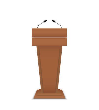 Podium for debate. Rostrum of conference. Wooden pulpit for speech. Tribune with microphone for speaker. Stage and stand. Pedestal for lecture, press on white background. Journalism concept. Vector.のイラスト素材