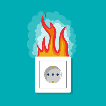 Fire in electric socket. Electric short in socket with fire and smoke. Safety of outlet from accident. Protection of circuit of power in home from broken. Danger of electrical overheat. Vector.のイラスト素材
