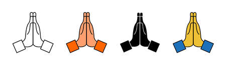 Hand with pray. Icon of namaste. Emoji for thank, sorry, please. Hand of prayer. Emoticon of hope in pray. Folded together hands for faith, church, honest. Emotion of begging. Cartoon symbol. Vector.のイラスト素材