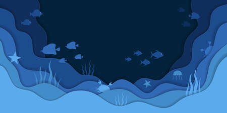 Sea fish. Ocean fish. Underwater world of aquarium, sea and ocean. Seabed with coral, reef and water animal. Undersea blue background for banner. Cut aquatic landscape for environment. Vector.のイラスト素材
