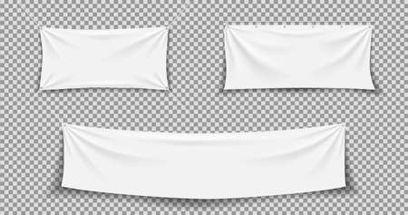 Fabric banner. White textile banner. Hanging, stretch cloth flag. Fabric canvas with rope. Blank horizontal mockup of poster. Realistic rectangle texture for advertising. Hang flag with fold. Vector.のイラスト素材