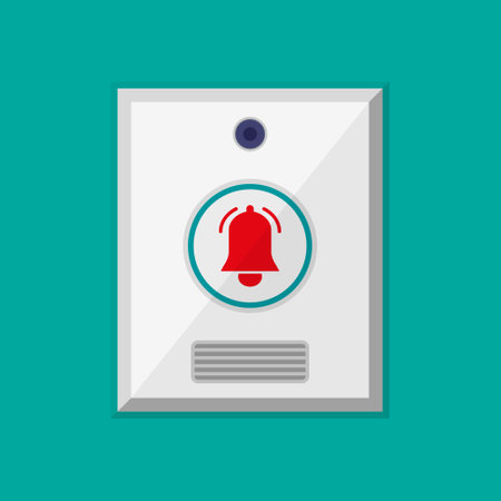 Bell door button. Doorbell with ring. Intercom with press button of door. Push buzzer on house. Icon for entrance in apartment and home. Electric doorbell with sound on wall. Safety equipment. Vector.のイラスト素材