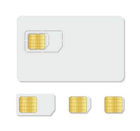 Sim card for mobile with chip. Simcard for identity on phone. Nano and micro card for corporate communication. Prepaid for technology. Icon on transparent background. Cellphone with microchip. Vector.のイラスト素材