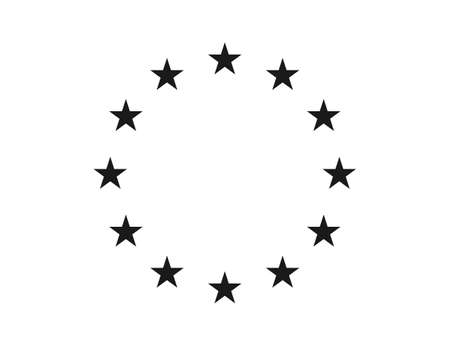 Star icons in circle. Black european logos on white background. EU flag. 12 yellow stars for europe union. Badges of euro military, community, economic and council. Eurozone market. Vector.のイラスト素材