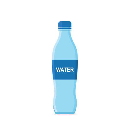 Water bottle. Icon of plastic or glass bottle with mineral water. Blue container with soda for drink. Healthy liquid for sport. Flat graphic symbol of fresh, cold, sparkling and ecology drink. Vector.のイラスト素材