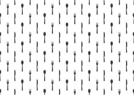 Fork, knife, spoon seamless pattern. Seamless pattern with cutlery on white background. Kitchen background and texture. Tablecloth for restaurant, lunch, meal, cafe, food. Gastronomy wallpaper. Vectorのイラスト素材