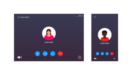 Video call ui for conference. Screen interface of chat, webinar, meeting. Template of online videocall with avatar, button for mobile, computer, laptop. Mockup for lecture, lesson, learning. Vector.のイラスト素材