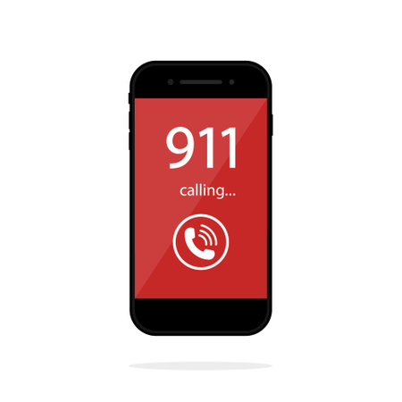 Police call in phone. Icon for emergency and 911. Police badge on smartphone screen for security and help. Hand holding phone with button for press and call 911. App for trouble. Vector.のイラスト素材