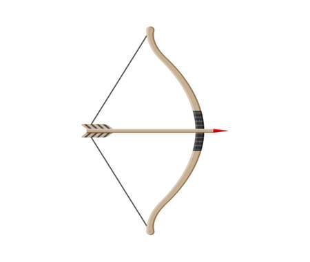 Bow with arrow. Weapon of archery. Wooden longbow with arrows for indian archer. Cartoon bow for medieval hunter. Icon for ancient hunt isolated on white background. Shoot in bullseye. Vector.のイラスト素材