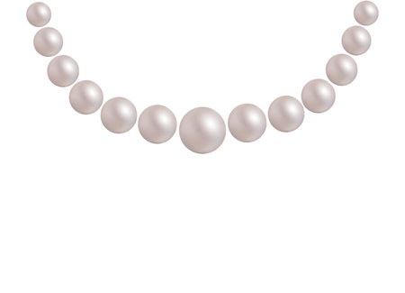 Pearl necklace with string. Jewelry chain for collar. Hanging realistic accessory for woman. Circle necklace isolated on white background. Jewellery for decoration. Beautiful garland of pearl. Vector.のイラスト素材