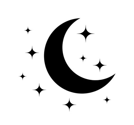 Moon and star. Black icon of moon for night. Pictogram of crescent and star. Logo for sleep and baby. Celestial symbol isolated on white background. Illustration for goodnight and ramadan. Vector.のイラスト素材
