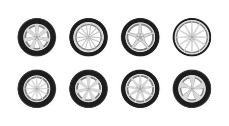 Car wheel. Car tire with rim. Icon of sport auto tire. Set of rim from alloy for truck and race automobile. Design of wheel with steel and rubber.のイラスト素材