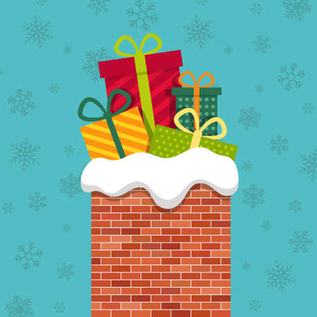 Christmas chimney with gift from santa claus. Xmas poster with roof of house, brick chimney and presents. Card with winter holiday background. Illustration for coming noel. Falling snowflakes. Vector.のイラスト素材
