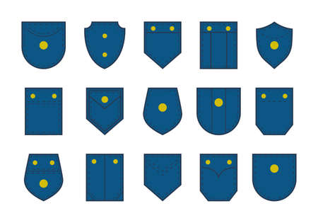 Denim pocket. Icon for jean pants, shirt and jacket. Blue jeans pocket. Patch of cloth isolated on white background. Fashion textile and clothes in front. Jeans flap for women or men. Vector.のイラスト素材