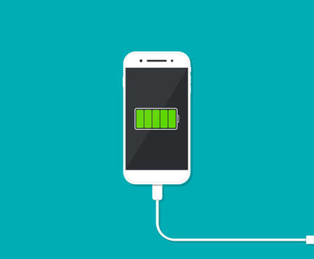 Full battery with charger in smartphone. Charge of phone. Power of battery on cell screen. Cable, plug for socket. Usb adapter for recharge of mobile phone. Green indicator on digital display. Vector.のイラスト素材