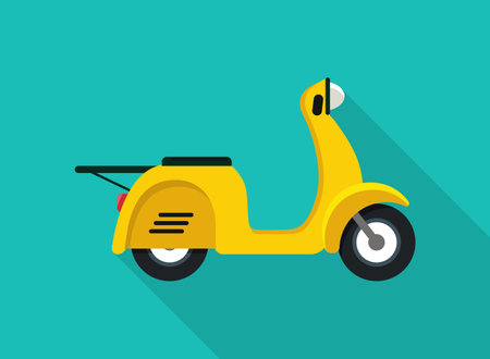 Scooter for delivery. Yellow motorcycle. Cartoon moped. Icon of motorbike. Isolated illustration on white background. Scooter for service, city, transportation and sport. Vector.のイラスト素材