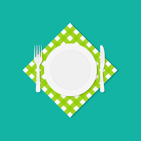 Plate, fork and knife on tablecloth. Cutlery on green checkered tablecloth. Icon for food and dining. Illustration of breakfast, dinner, lunch in restaurant. Tableware elegant in flat style. Vector.のイラスト素材