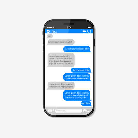 Chat text in phone screen. Message bubble with text on smartphone for online dialog. App of messenger with ui, button and profile. Social speech in cellphone. Realistic mockup for conversation. Vectorのイラスト素材
