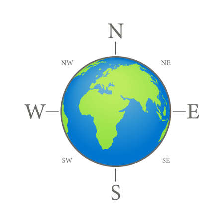 Compass on world map. Nautical compass with globe for travel and expedition. Icon of globe, north,...