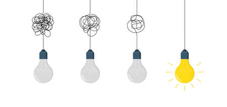 Light bulb of idea. Lamp of idea, insight and creative solution. Icon of lightbulb without bright light and with it. Flat symbol of electric energy and innovation of think. Vector.のイラスト素材