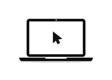 Laptop icon with arrow of mouse. Pictogram of pc with cursor on screen. Computer in flat style for click on website in internet. Logo of laptop desktop for online work or company. Vector.のイラスト素材