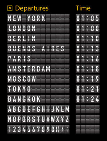 Airport timetable. Airport board for departure and arrive. Information of flight. Font on display panel. Destination on scoreboard. Timetable on terminal. Realistic alphabet with schedule. Vector.のイラスト素材