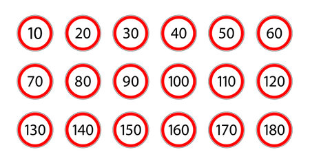 Speed limit sign for car. Set of road sign with restriction of speed of 50, 60, 90, 20, 80, 120, 130, 70, 30, 100, 40, 10, 110, 140, 160, 180 km. Icon for traffic on city or highway. Vector.のイラスト素材