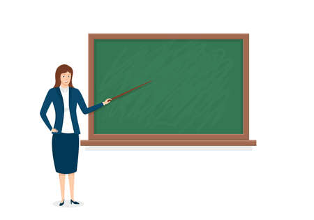 Teacher near the class blackboard. School teacher in classroom pointing on the green blackboard. Woman professor for study. Education in class room, auditorium. Cartoon illustration. Vector.のイラスト素材