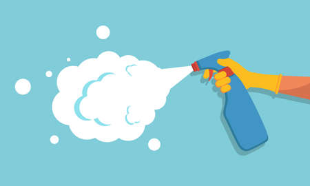 Clean and disinfect spray. Hand hold a bottle with antibacterial spray for hygiene and safety. Antiseptic against coronavirus, bacteria and virus. Icon of disinfectant in hand for health. Vector.のイラスト素材