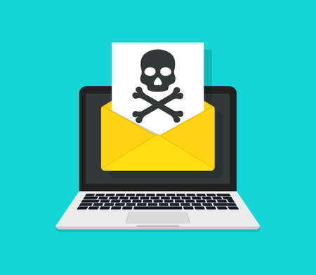 Email phishing. Virus and spam from hacker in laptop. Icon of ransomware in mail. Attack of fraud on email. Malware with scam on computer. Skull in envelope in flat style. Vector.のイラスト素材