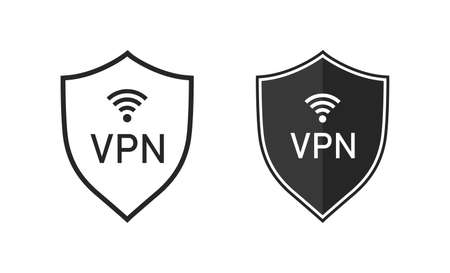 Vpn icon. Shield with vpn icon. Safe for wifi and server. Logo for protect of private network. Set of line symbol of connection. Sign of web protection, encryption, authentication. Vector.のイラスト素材