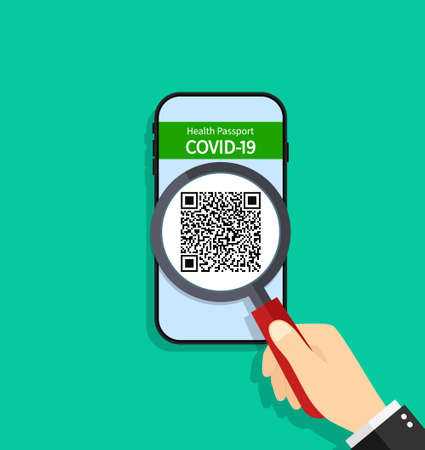 Check of covid certificate in smartphone. Qr code and green pass for control of vaccination. Verification of health passport with loupe in hand. Magnifying glass on phone screen for test. Vector.のイラスト素材