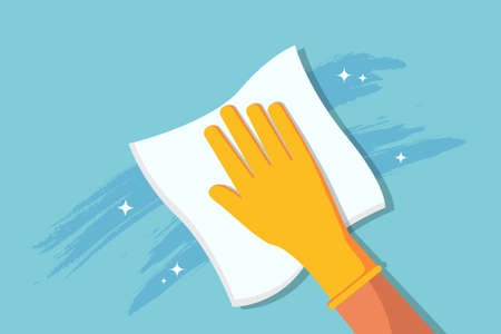 Clean wipe in hand of house worker for disinfect surface. Cloth for cleanliness of bathroom, kitchen, glass. Flat icon of duster with detergent. Service of sanitize against coronavirus. Vector.のイラスト素材