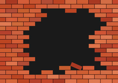 Broken brick wall. Broken red brick building with black hole. Red background with frame for info. Texture of castle or stone house. Crack on stonewall. Construction with concrete for tile. Vector.のイラスト素材
