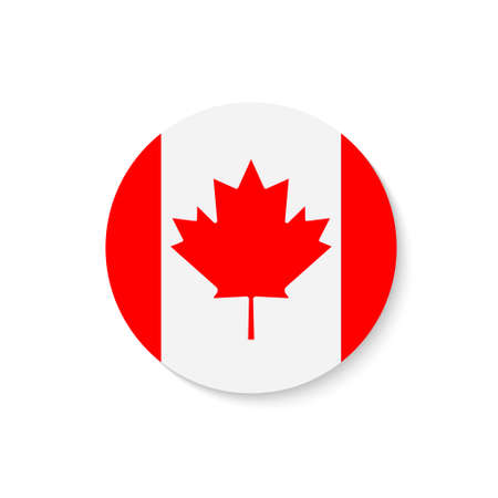 Canada flag. Circle flag of canada. Round canadian icon with shadow isolated on white background. Official symbol with red maple leaf. Banner for north america country. Vector.のイラスト素材