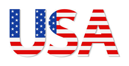 Usa flag on word. Logo with text and usa flag. Icon for american made, patriotic, 4th july and travel. Graphic font on america banner. Design symbol of us. Vector.のイラスト素材