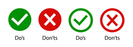 Dos and dont. Do and don. Icon of wrong and right. Tick or cross. Mark of check and correct. Ok, yes-green. X, false-red. Sign of good or bad. List of icon for approved, reject. Logo of quiz. Vector.のイラスト素材