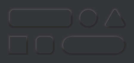 Neumorph 3d button. Circle, square, triangle neumorph button with light shadow. Badge for ui isolated on black background. Icon for modern web design. Technology elements for website ux. Vector.のイラスト素材