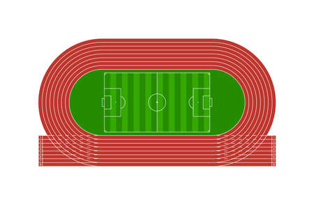 Run track with football stadium. Field for soccer and runner arena with tracks. Top view on sport or athletic arena. Racetrack with line, 8 pathways, start and finish.のイラスト素材