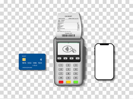 Credit card with mobile and pos terminal for payment isolated on transparent background. Nfc pay. Icon of contactless pay with help smartphone or debit card. Tap machine in processing. Vector.のイラスト素材
