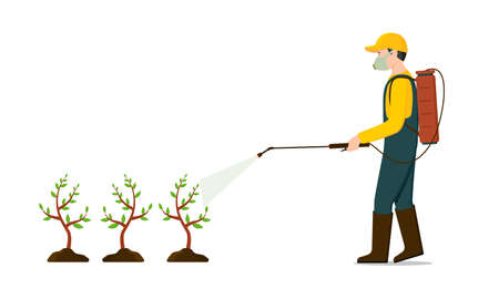 Farmer sprays pesticide or herbicide on agriculture plant. Man spraying chemical or fertilizer to plantation. Treatment of chemical from pest. vector illustrationのイラスト素材