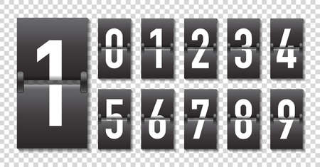 Countdown with turn over numbers. Counter of timer. Clock scoreboard and panel of date. Mechanical analogue numbers for airport, departure, dashboard. Movement font. Vector.のイラスト素材