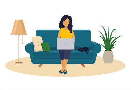 Work at home. Woman with laptop or computer sits on sofa. Freelance or internet worker concept. Online study by student. Girl working on notebook. Cartoon vector illustrationのイラスト素材