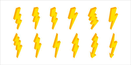 3d lightning. Isometric lightning icons. Flash of energy with thunder. Bolt and thunderbolt. Electric power of lightening in storm. Elements for fast, charge, battery and danger. Vector.のイラスト素材