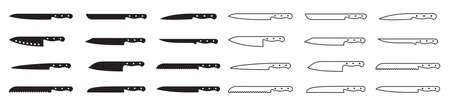 Kitchen knife icons. Knives for butcher. Set of sharp knives for barbecue, cheese, meat, bread,...