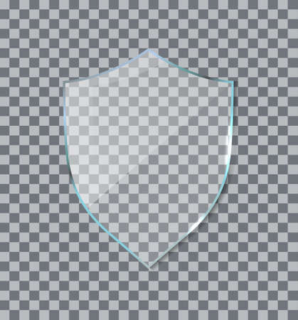 Glass shield. Acrylic plexiglass shield of defense. Icon for guard, security and award isolated on transparent background. Glossy, clear and shiny glass badge. Protection and safe emblem. Vector.のイラスト素材