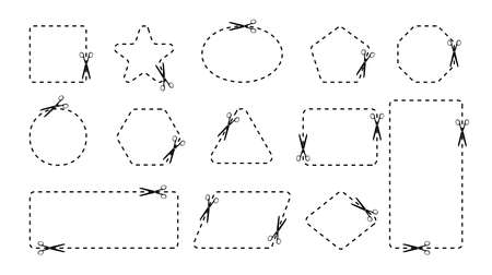 Coupon cut line. Scissors with dash line border of coupon. Rectangle, circle and square shapes. Blank template of voucher with cutout. Paper discount icon with frame on white background. Vector.のイラスト素材