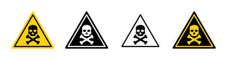 Danger sign with skull. Warning icon of poison, toxic, chemical and electricity. Danger triangle - symbol of death. Outline sign of caution, risk and hazard. Vector.のイラスト素材